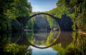 bridge in nature arching over a river lined with dense trees