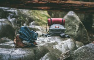 backpacks on a rock