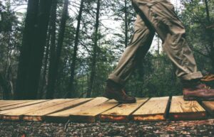 Person hiking through forest on wood planks