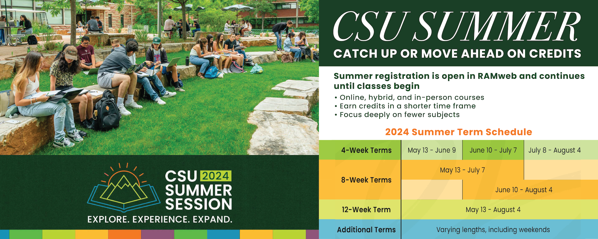 CSU Summer Banner. photo of students on campus.