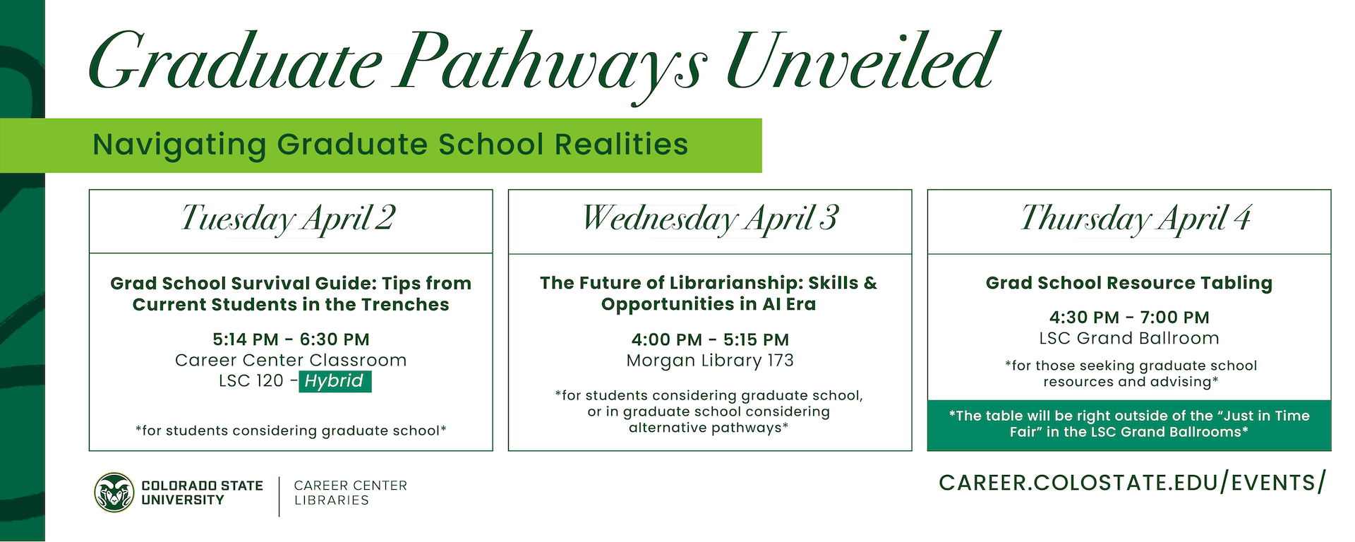 Graduate Pathways Unveiled. Green decorative boxes and green text.
