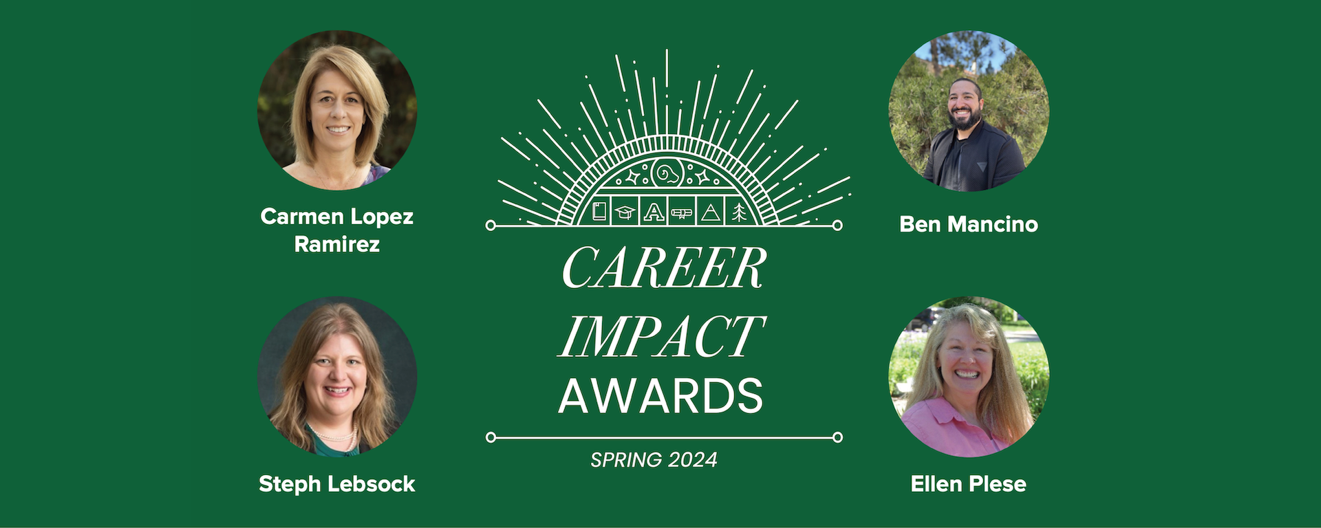 Green background with white decorative text. Four round profile images of nominees.