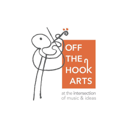 Off the hook arts logo. Orange box on right with line art character playing the violin on left.